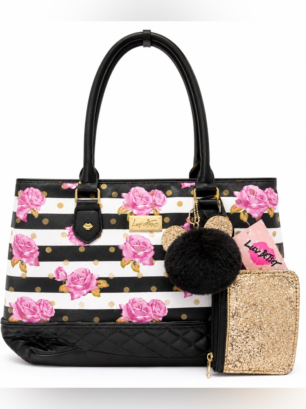 NWT Luv Betsy Johnson Stripe Tote with Bag Charm and Pouch